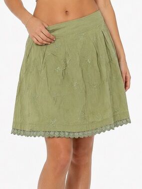 Vintage Lori Michaels Olive Green Embroidered Boho Mini Skirt Crochet Trim Y2K